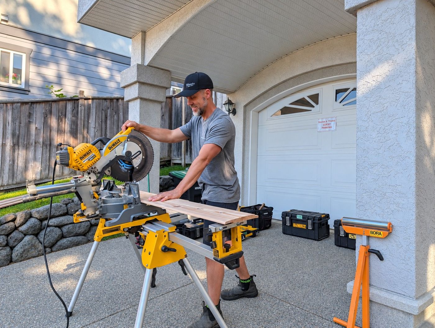 Aaron at work using a mitre saw